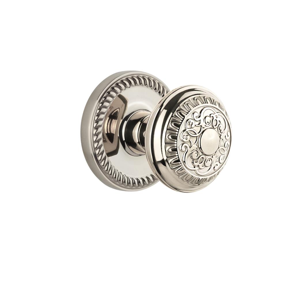 Grandeur by Nostalgic Warehouse NEWWIN Complete Passage Set Without Keyhole - Newport Rosette with Windsor Knob in Polished Nickel
